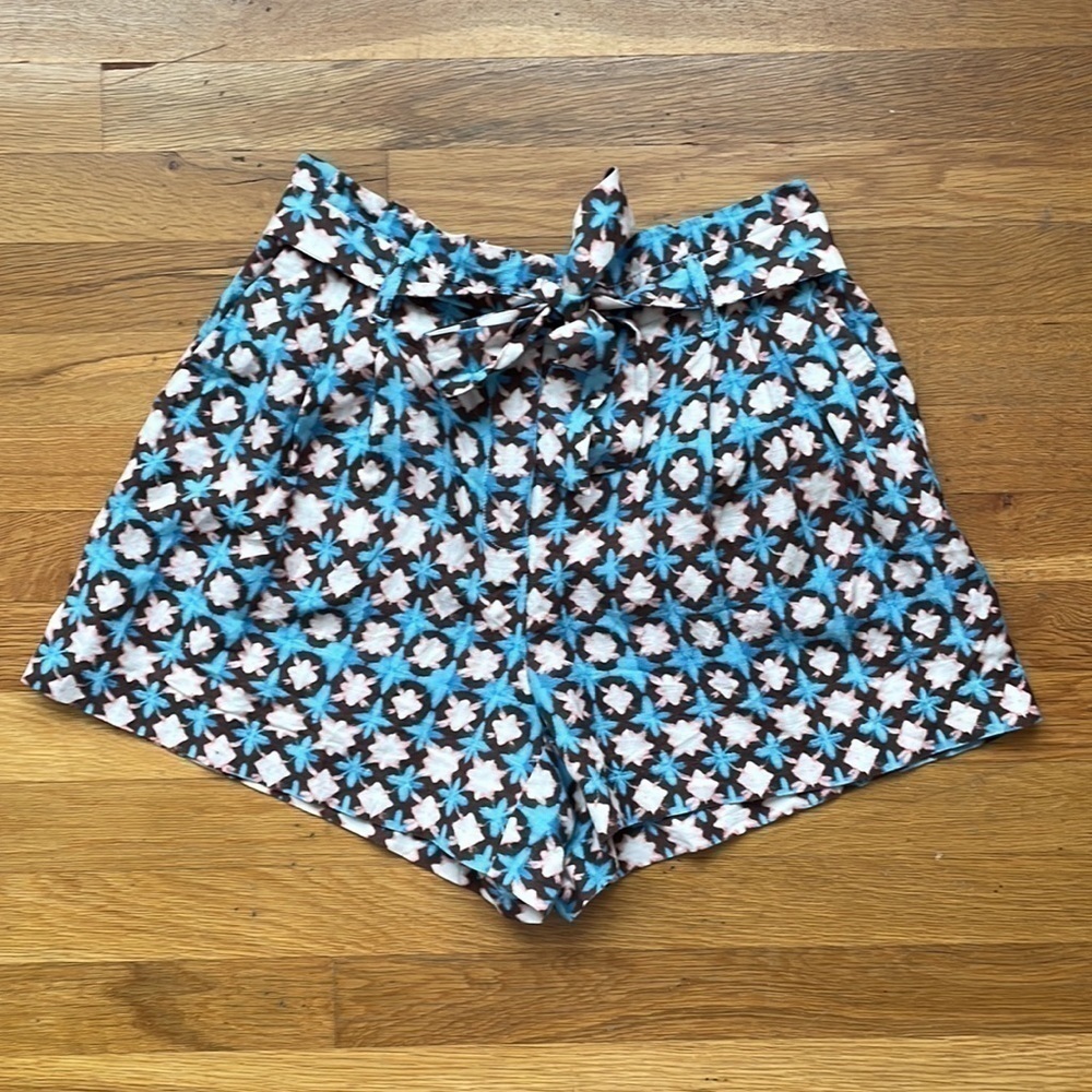 Loft Brown Pink Blue Linen Paperbag Sunwashed Floral pull on Shorts pockets med